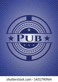 Pub emblem with jean high quality background. Vector Illustration. Detailed.