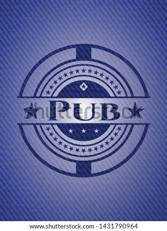 Pub emblem with jean high quality background. Vector Illustration. Detailed.