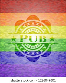 Pub emblem on mosaic background with the colors of the LGBT flag