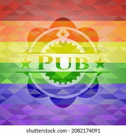 Emblema de pub sobre fondo de mosaico con los colores de la bandera LGBT. 
