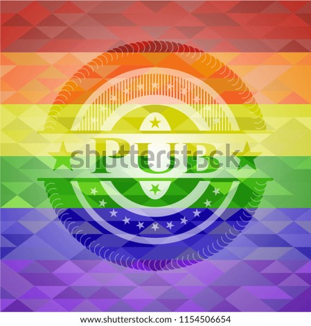 Pub emblem on mosaic background with the colors of the LGBT flag