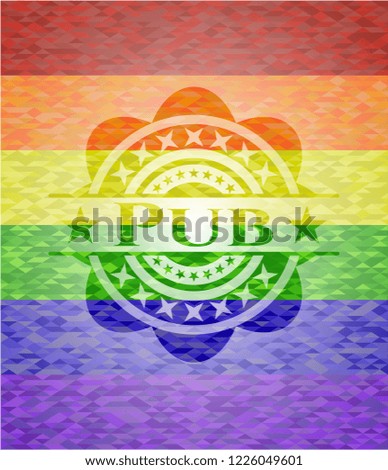 Pub emblem on mosaic background with the colors of the LGBT flag