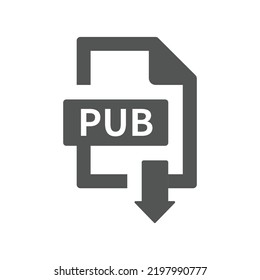 Pub file download with arrow vector icon. Save or load pub format symbol.