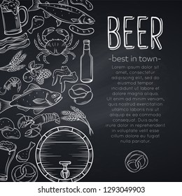 Pub Food And Beer, Chalkboard Style. Vector Alcohol And Snacks Layout With Crab, Lobster, Shrimp, Fish, Chicken Wings And Legs, Pretzel And Nachos For Craft Beer Club Menu. Chalkboard Style