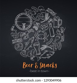 Pub Food And Beer, Chalkboard Style. Vector Alcohol And Snacks Layout With Crab, Lobster, Shrimp, Fish, Chicken Wings And Legs, Pretzel And Nachos For Craft Beer Club Menu. Chalkboard Style