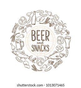 Pub food and beer hand drawn banner frame design . Vector alcohol and snacks poster with crab, lobster, shrimp, fish, chicken wings and legs, pretzel and nachos for craft beer club menu