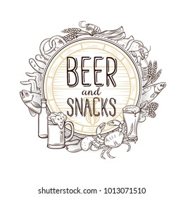 Pub food and beer hand drawn poster banners design . Vector alcohol and snacks poster with crab, lobster, shrimp, fish, chicken wings and legs, pretzel and nachos for craft beer club menu