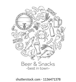 Pub food and beer hand drawn round banner. Vector alcohol and snacks poster with crab, lobster, shrimp, fish, chicken wings and legs, pretzel and nachos for craft beer club menu