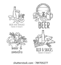 Pub Food and Beer Hand Drawn Template Banner . Vector Alcohol and Snacks Poster with Crab, Lobster, Shrimp, Fish, Chicken Wings and Legs, Pretzel and Nachos for Craft Beer Club Menu