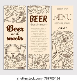 Pub Food and Beer Hand Drawn Template Banner Design . Vector Alcohol and Snacks Poster with Crab, Lobster, Shrimp, Fish, Chicken Wings and Legs, Pretzel and Nachos for Craft Beer Club Menu.