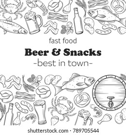 Pub Food and Beer Hand Drawn Template Page Design . Vector Alcohol and Snacks Poster with Crab, Lobster, Shrimp, Fish, Chicken Wings and Legs, Pretzel and Nachos for Craft Beer Club Menu