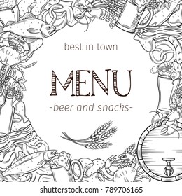 Pub Food and Beer Hand Drawn Template Frame and Page Design . Vector Alcohol and Snacks Poster with Crab, Lobster, Shrimp, Fish, Chicken Wings and Legs, Pretzel and Nachos for Craft Beer Club Menu.