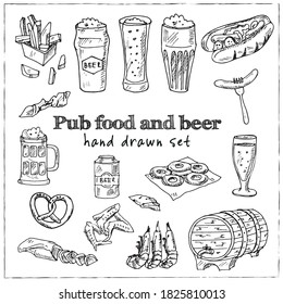 Pub Food And Beer  Menu Doodle Icons Vector Illustration On Chalkboard