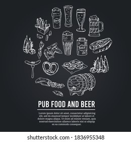 Pub food and beer  Menu doodle icons Vector illustration on chalkboard