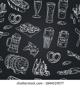 Pub food und Bier Doodle-Symbole Vektorgrafik auf der Tafel