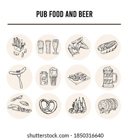 Pub food and beer Menu doodle iconos Vector ilustración en pizarra