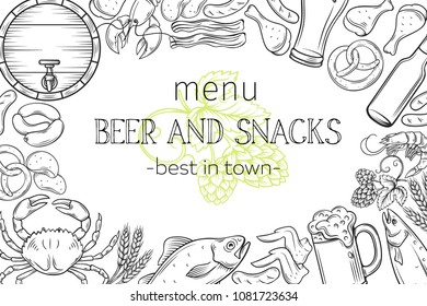 Pub food and beer page design . Vector alcohol and snacks poster with crab, lobster, shrimp, fish, chicken wings and legs, pretzel and nachos for craft beer club menu. Sketch illustration.