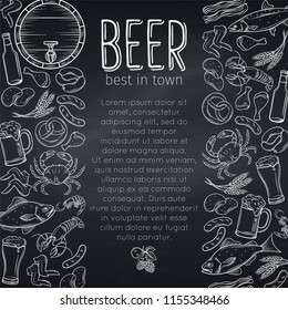 Pub Food And Beer Poster Design . Vector Alcohol And Snacks Poster With Crab, Lobster, Shrimp, Fish, Chicken Wings And Legs, Pretzel And Nachos For Craft Beer Club Menu. Chalkboard Style.