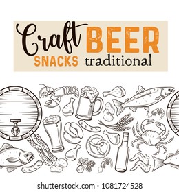 Pub food and beer seamless border . Vector alcohol and snacks poster with crab, lobster, shrimp, fish, chicken wings and legs, pretzel and nachos for craft beer club sketch illustration.