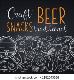 Pub food and beer seamless border on chalkboard. Vector alcohol and snacks poster with crab, lobster, shrimp, fish, chicken wings and legs, pretzel and nachos for craft beer club sketch illustration.