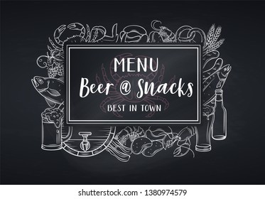 Pub Food And Beer Template Design, Blackboard Style. Chalkboard Vector Alcohol And Snacks Poster With Crab, Lobster, Shrimp, Fish, Chicken Wings And Legs, Pretzel And Nachos For Craft Beer Club Menu.