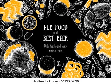 Pub food and beer vector illustration. Beer, meat, fast food and snacks hand drawn. Food set for pub menu design, top view. Vintage engraved illustration for beer restaurant.