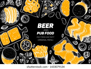 Pub food and beer vector illustration. Beer, meat, fast food and snacks hand drawn. Food set for pub menu design, top view. Vintage engraved illustration for beer restaurant.