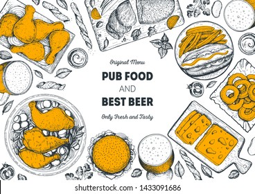 Pub food and beer vector illustration. Beer, meat, fast food and snacks hand drawn. Food set for pub menu design, top view. Vintage engraved illustration for beer restaurant.