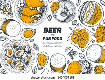 Pub food and beer vector illustration. Beer, meat, fast food and snacks hand drawn. Food set for pub menu design, top view. Vintage engraved illustration for beer restaurant. 