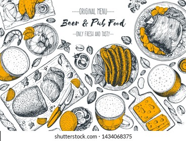 Pub food and beer vector illustration. Beer, meat, fast food and snacks hand drawn. Food set for pub menu design, top view. Vintage engraved illustration for beer restaurant. 