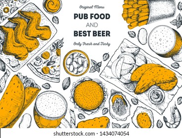 Pub food and beer vector illustration. Beer, meat, fast food and snacks hand drawn. Food set for pub menu design, top view. Vintage engraved illustration for beer restaurant. 