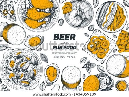 Pub food and beer vector illustration. Beer, meat, fast food and snacks hand drawn. Food set for pub menu design, top view. Vintage engraved illustration for beer restaurant. 