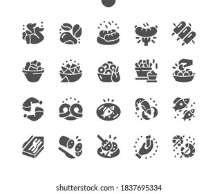 Comida de pub. Delicioso tentempié de cerveza. Chips, alitas de pollo crujientes, salchichas, anillos de cebolla, pescado. Menú para el restaurante y la cafetería. Iconos sólidos vectoriales. Pictograma simple