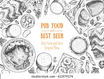 Pub food frame vector illustration. Beer, meat, fast food and snacks hand drawn. Food set for pub design top view. Vintage engraved illustration for beer restaurant.