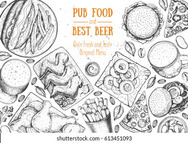 Pub food frame vector illustration. Beer, meat, pizza, fast food and snacks hand drawn. Food set for pub design top view.  Vintage engraved illustration for beer restaurant for beer restaurant.