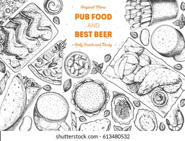 Pub food frame vector illustration. Beer, meat, french fries, fast food and snacks hand drawn. Food set for pub design top view. Vintage engraved illustration for beer restaurant.