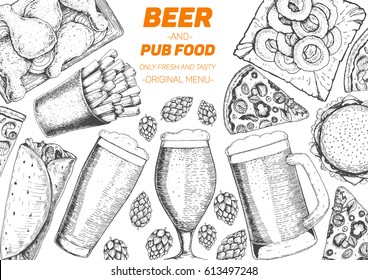 Pub food frame vector illustration. Beer, meat, french fries, fast food and snacks hand drawn. Food set for pub design top view. Vintage engraved illustration for beer restaurant.