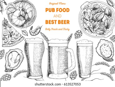 Pub food frame vector illustration. Beer, shrimps, mussels, oysters and pizza hand drawn. Food set for pub design top view. Vintage engraved illustration for beer restaurant.