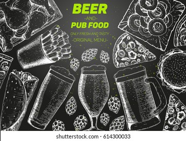 Pub food frame vector illustration. Beer, meat, french fries, fast food and snacks hand drawn. Food set for pub design top view. Vintage engraved illustration.