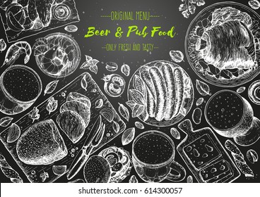 Pub food frame vector illustration. Beer, roast beef, meat, fast food and snacks hand drawn. Food set for pub design top view. Vintage engraved illustration.
