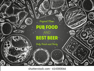 Pub food frame vector illustration. Beer, meat, fast food and snacks hand drawn. Food set for pub design top view. Vintage engraved illustration.