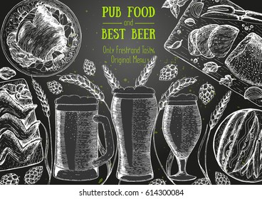 Pub food frame vector illustration. Beer, chicken wings, roast beef, grilled meat hand drawn. Food set for pub design top view. Vintage engraved illustration.