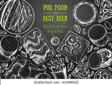 Pub food frame vector illustration. Beer, meat, burger, pizza, fast food and snacks hand drawn. Food set for pub design top view. Vintage engraved illustration.