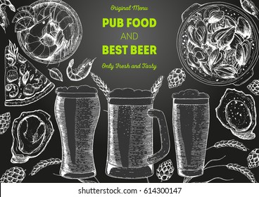 Pub food frame vector illustration. Beer, shrimps, mussels, oysters and pizza hand drawn. Food set for pub design top view. Vintage engraved illustration.