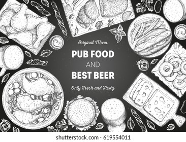 Pub food frame vector illustration. Beer, meat, fast food and snacks hand drawn. Food set for pub design top view. Vintage engraved illustration for beer restaurant