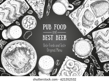 Pub food frame vector illustration. Beer, meat, fast food and snacks hand drawn. Food set for pub design top view. Vintage engraved illustration for beer restaurant