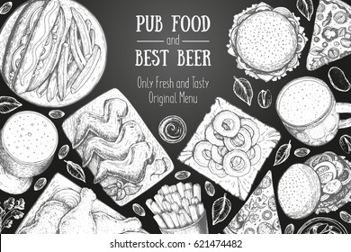 Pub Food Rahmen Vektorgrafik. Bier, Fleisch, Pizza, Fast Food und Snacks handgezeichnet. Essensset für Pub Design Draufsicht. Vintage-Gravur für Bierrestaurant für Bierrestaurant