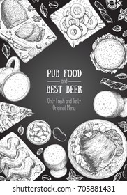 Pub food frame vector illustration. Beer, meat, fast food and snacks hand drawn. Food set for pub design top view. Vintage engraved illustration for beer restaurant.