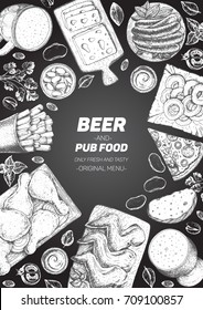 Pub food frame vector illustration. Beer, meat, fast food and snacks hand drawn. Food set for pub design top view. Vintage engraved illustration. Vertical poster.