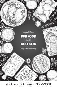 Pub food frame vector illustration. Beer, meat, fast food and snacks hand drawn. Food set for pub design top view. Vintage engraved illustration for beer restaurant. Vertical poster